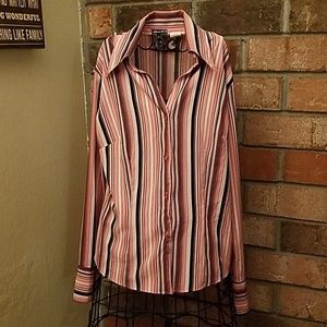Women's dressy blouse by Mandee sz L pnk blk wh